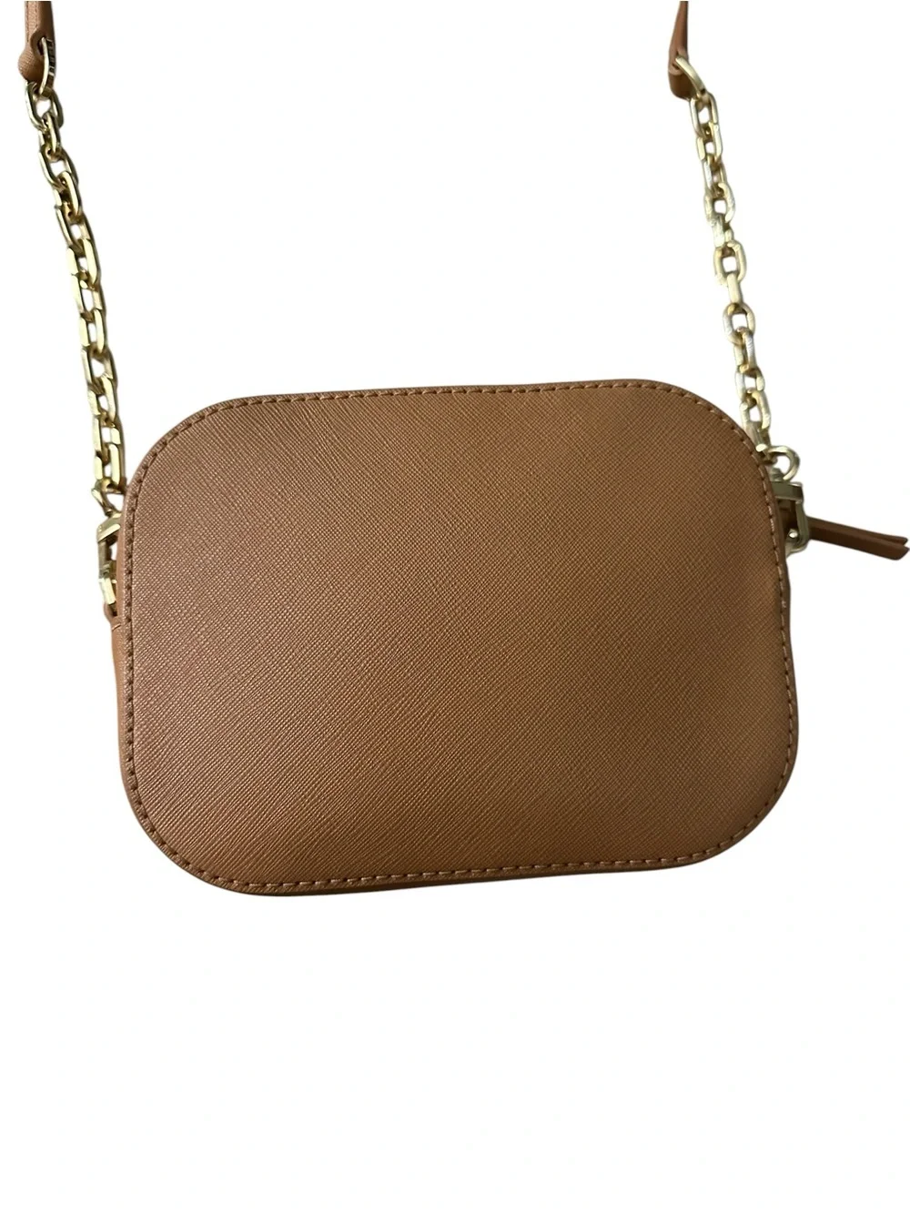 Tory Burch Tan Leather Crossbody Camera Bag with Gold Chain